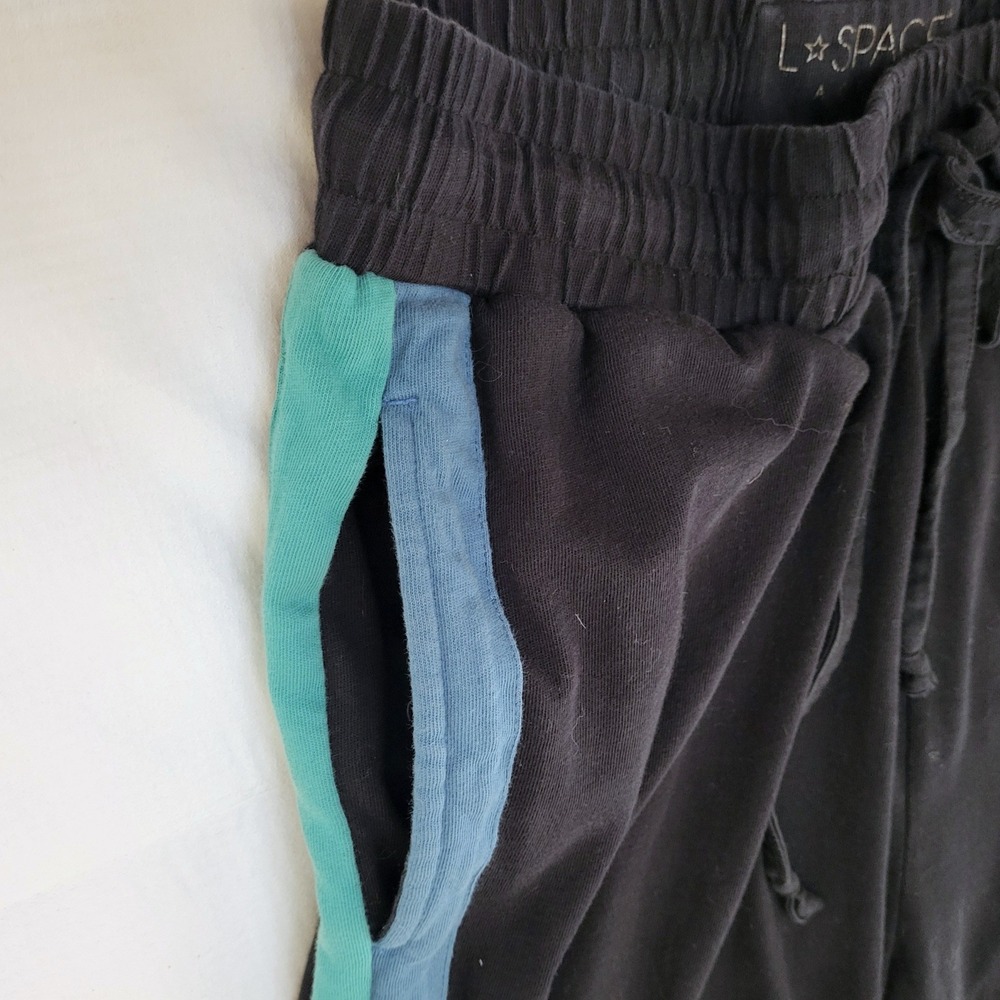 L*Space Black Wide Leg Blue Stripe Joggers Lounge Yoga Baggy Workout Pants M - Picture 4 of 9